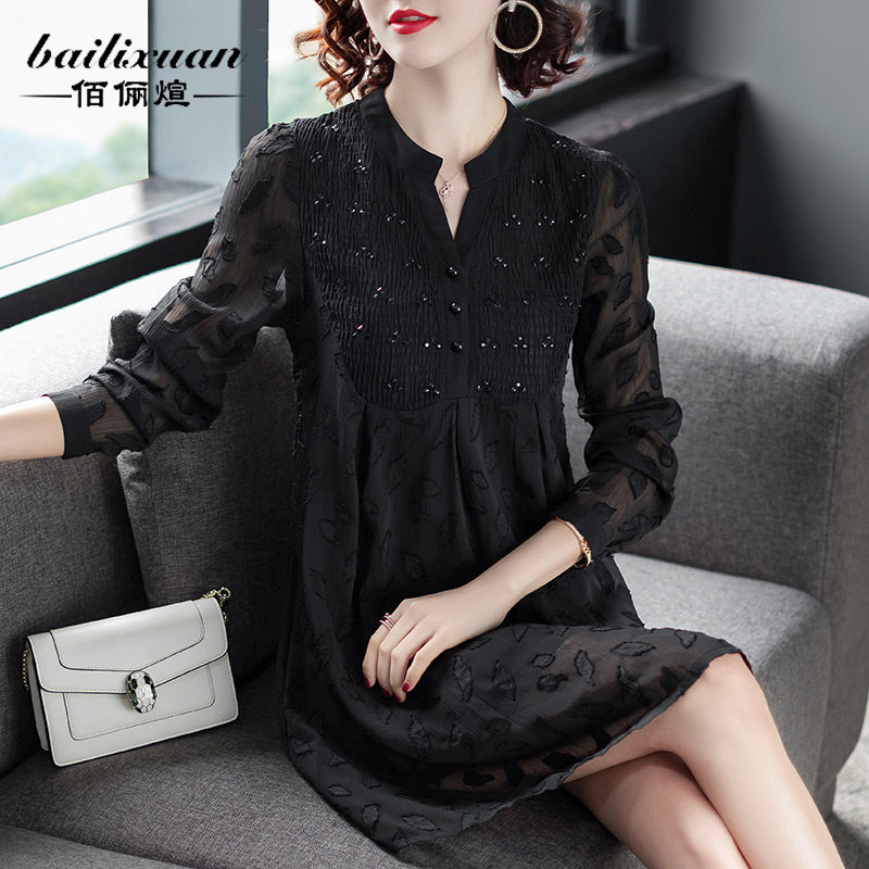 中长款春秋宽松妈妈装网纱雪纺衫 佰俪煊蕾丝衫/雪纺衫