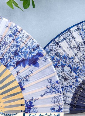 丝艺堂女士扇子中国风青花瓷古典古风折扇女式舞台道具工艺扇