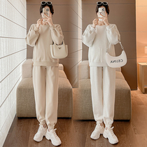 Pregnant woman Autumn Fashion Suite Fashion style 2023 Spring fall outside wearing sports necropolis dress with velvety upholswear pants Two sets