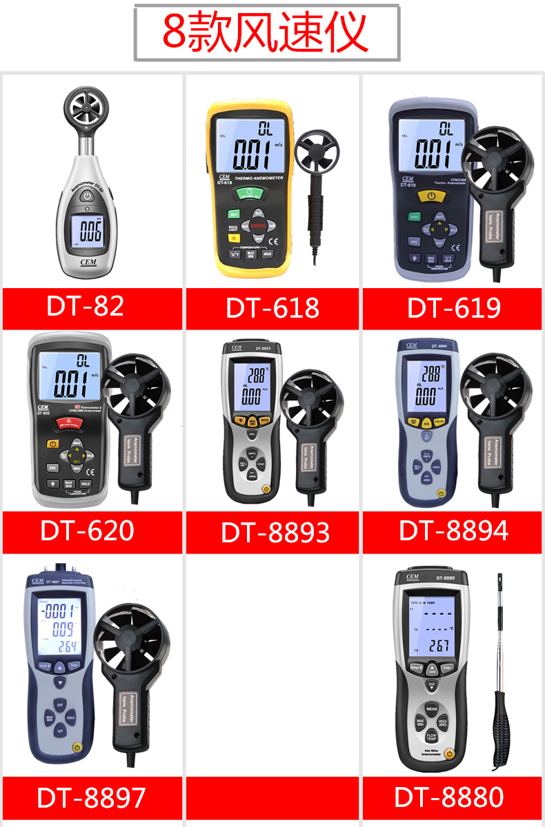 CEM华盛昌数字风速计测试仪DT-618/619/620/8893/8894/97/82/8880