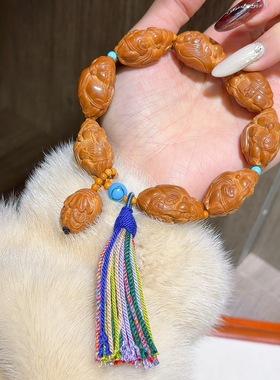 橄榄核财神爷手链时尚文玩佛珠手串男女流苏本命年转运饰品礼物