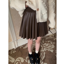 Pregnant Woman PU Leather Short Skirt Autumn winter outwear Elegant Wind Retro Brown Bag Hip 100 Pleated Half Body Skirt High Waist Totbelly Skirt