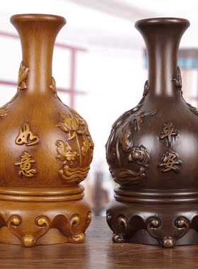 实木平安如意花瓶摆件一对工艺品客厅酒柜玄关装饰品乔迁新居礼品