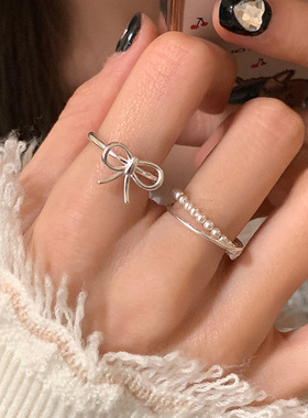 小众设计感蝴蝶结珍珠交叉双层戒指女可调节叠戴指环2026新款爆款