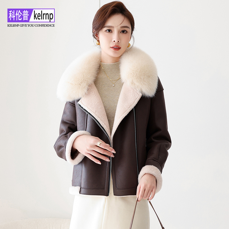 羊剪绒大衣女2025冬新原创正品高档狐狸毛领羔羊毛毛颗粒皮草外套 - 图1