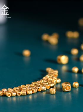 恋金 足金手工錾刻古法黄金 锤纹金方形隔珠 吊坠项链diy配件