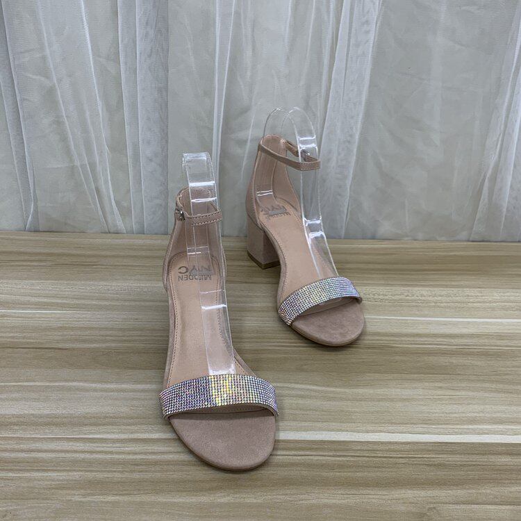 外贸女鞋原单时尚简约欧美闪钻一字带粗高跟露趾凉鞋,淘宝优惠券,粉丝福利购,淘宝优惠卷