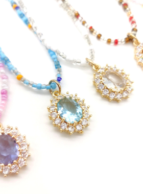 原创不掉色亲子首饰品成人女童儿童椭圆镶嵌宝石人造水晶公主项链