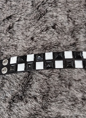 朋克风黑白配棋盘格蒙古包鼓包铆钉真皮手镯手环