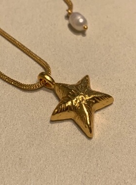 法式复古黄铜镀真金五角星吊坠 天然淡水珍珠Y字蛇骨链百搭可调节