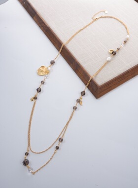 小众设计感茶晶珍珠复古风叶子吊坠创意天然石纪念项链毛衣链饰品