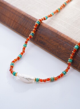 小众设计感复古风红玛瑙绿松石巴洛克珍珠天然石颈链项链法式浪漫