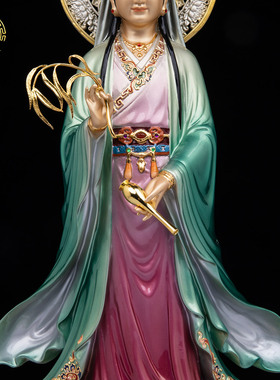黄铜彩绘莲花南海观音神像摆件