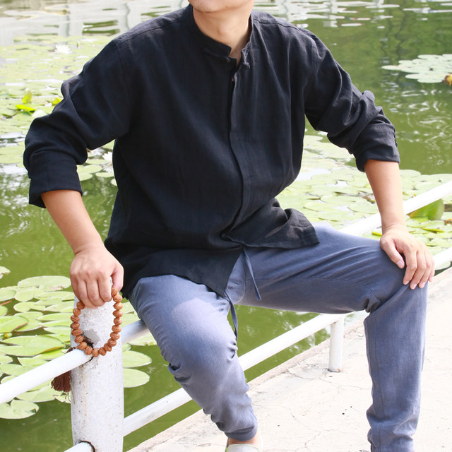 Loose linen long-sleeved original men's shirt cotton and linen shirt Chinese casual top large size 4xl non-iron shirt