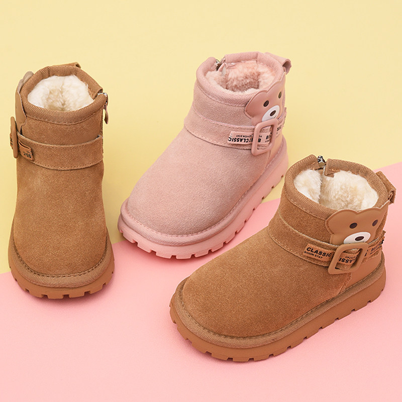 Children's genuine leather snow boots, girls' cotton boots, 2025 winter new style, velvet and thickened snow cotton, boys' shoes, cotton shoes