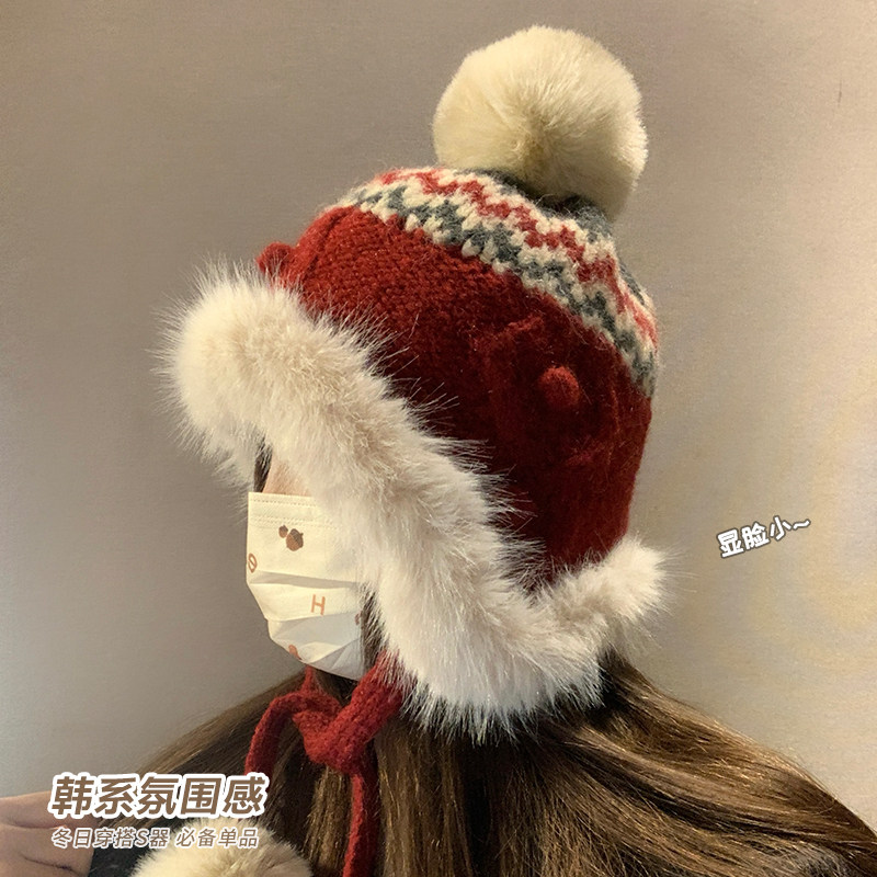费尔岛红色雷锋帽女冬东北骑行防寒保暖红色加厚护耳针织毛线帽子,淘宝优惠券,粉丝福利购,淘宝优惠卷