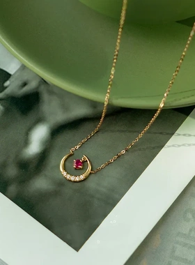 S925纯银镀金月亮项链女 简约气质百搭isn风吊坠锁骨链