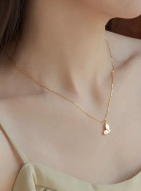 甜心~S925纯银镀14K金爱心白贝吊坠项链锁骨链女轻奢简约高级感