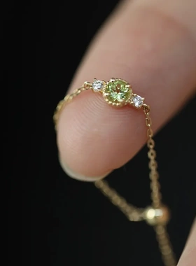 小茉莉~S925银镀14K金橄榄锆石链条可调节软戒指女日系小众设计感