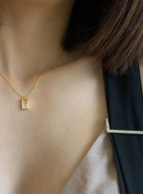 925纯银镀14K金公主方项链女 方形气质时尚简约百搭项链女锁骨链