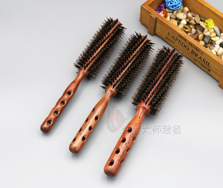 创艺毛梳0301/0302/0307毛滚梳吹卷造型美发鬃毛梳七孔实木圆梳 - 图1