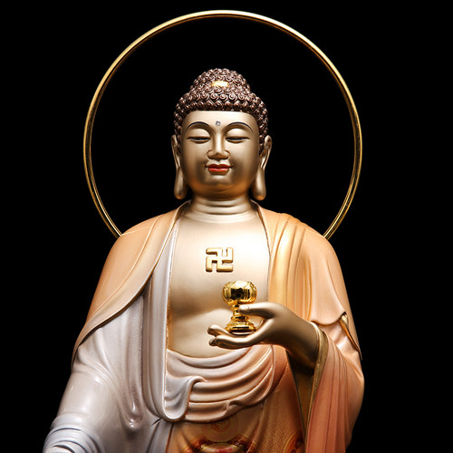 台湾精雕彩绘西方三圣站像带背光供奉阿弥陀佛站像大势至观音铜像 - 图0
