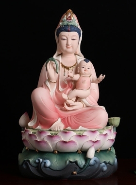 送子观音佛像陶瓷菩萨供奉求子抱童子观音 金童玉女家用吉祥摆件