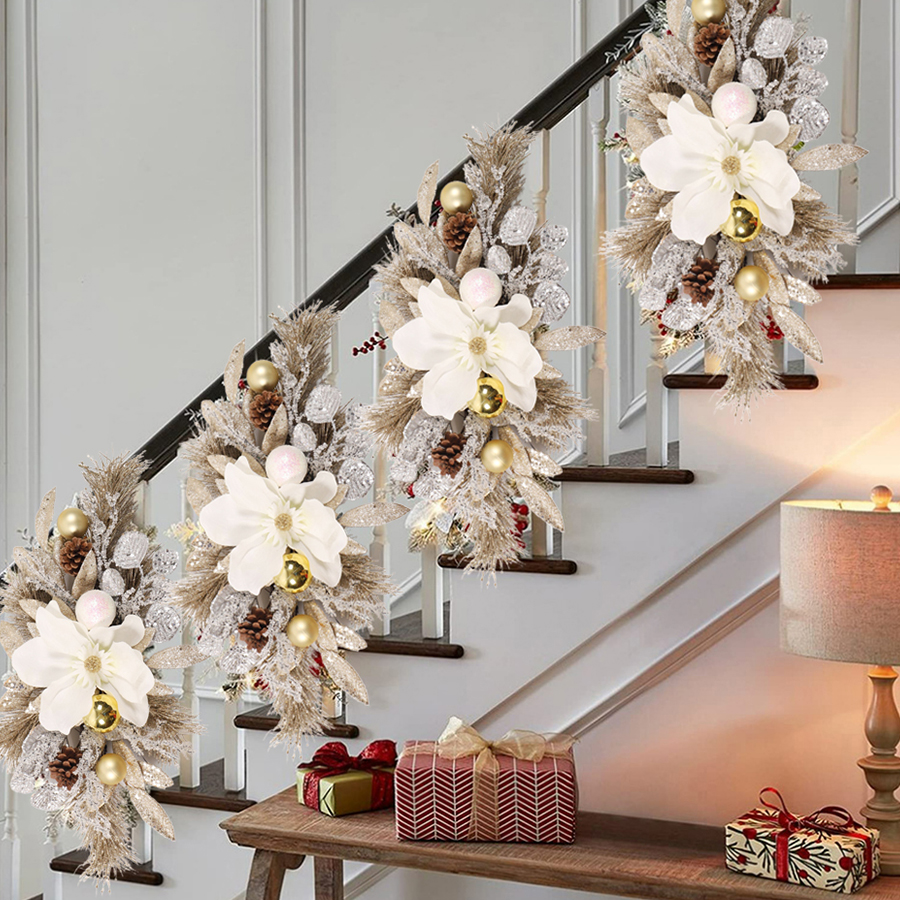 圣诞节布置挂件金松针玉兰花藤条花环门楣倒挂树楼梯挂室内装饰品 - 图0