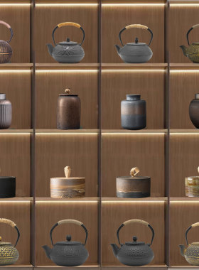 中古侘寂风茶室博古架茶壶罐摆件