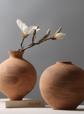 中古风白色陶土粗陶花瓶无孔水培茶室书房展示柜老式红泥花器摆件