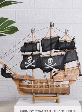 一帆风顺实木黑色小号海盗船模型
