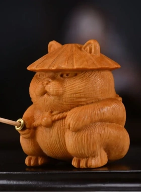 黄金檀钓鱼猫木质卡通可爱茶宠