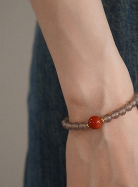 「霜华」回馈款天然冰种烟灰玛瑙一抹红手串女清冷感国风手饰礼物