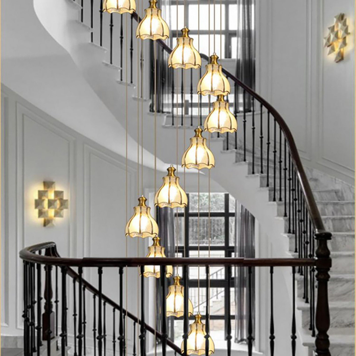 美式螺旋楼梯间长吊灯轻奢挑高复式楼挑空别墅餐厅灯玻璃铜灯罩款,淘宝优惠券,粉丝福利购,淘宝优惠卷