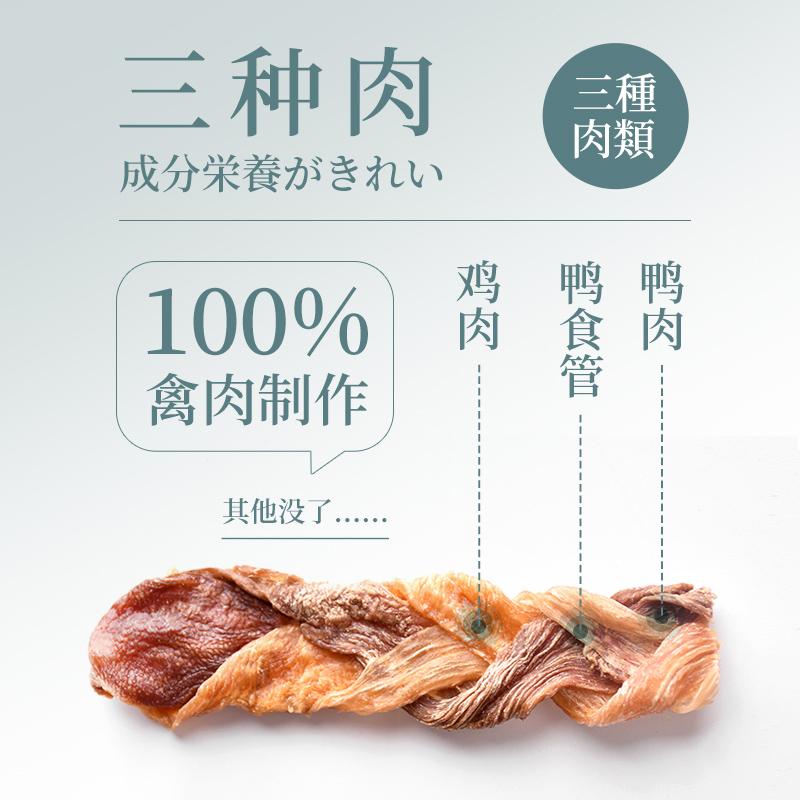 【鲜御】宠物狗狗零食 手工风干鸡肉鸭肉干鸭食管三色辩50g/袋