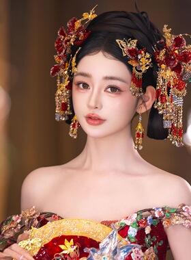 新中式红色秀禾新娘发饰套装