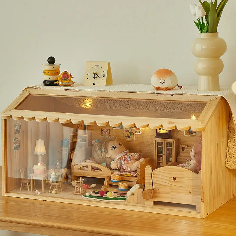 棉花娃娃娃屋展示柜手办diy造景盒实木房子ob11过家家12分bjd娃床 - 图2