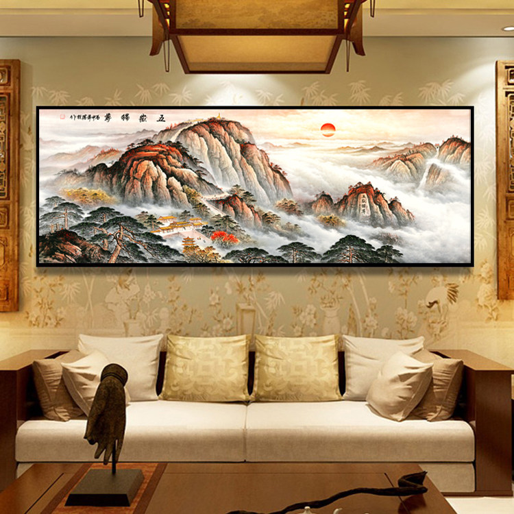山水壁画招财风水新中式客厅装饰画办公室背景墙水墨国画大气挂画_虎窝淘