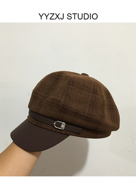 复古英伦风格纹皮带扣八角帽女秋冬百搭显脸小时尚画家帽