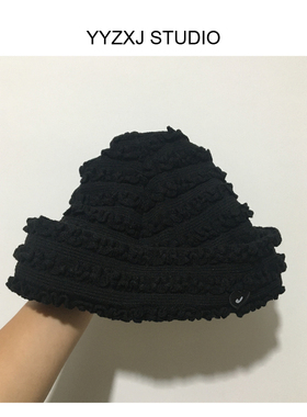 韩系博主同款黑白条纹肌理感毛线帽子女大头围护耳堆堆帽包头帽潮