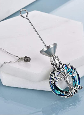 跨境热销亚马逊经典款蓝色水晶生命树不锈钢宠物骨灰吊坠项链罐子