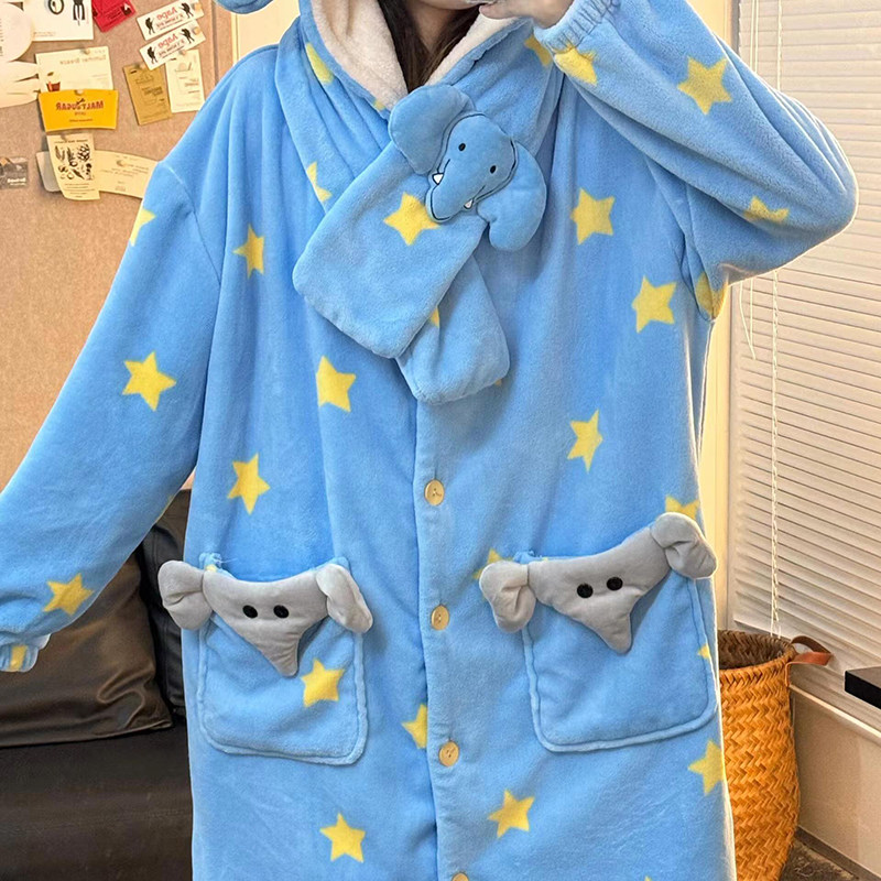 侘町2025新款笨笨大象睡袍女秋冬季加绒加厚夹棉睡衣法兰绒家居服,淘宝优惠券,粉丝福利购,淘宝优惠卷