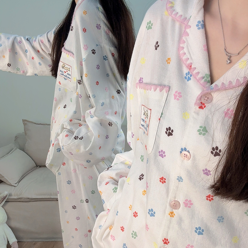 侘町2025新款彩色爪印长袖睡衣卡通夏季纯棉磨毛可外穿家居服套装 - 图0