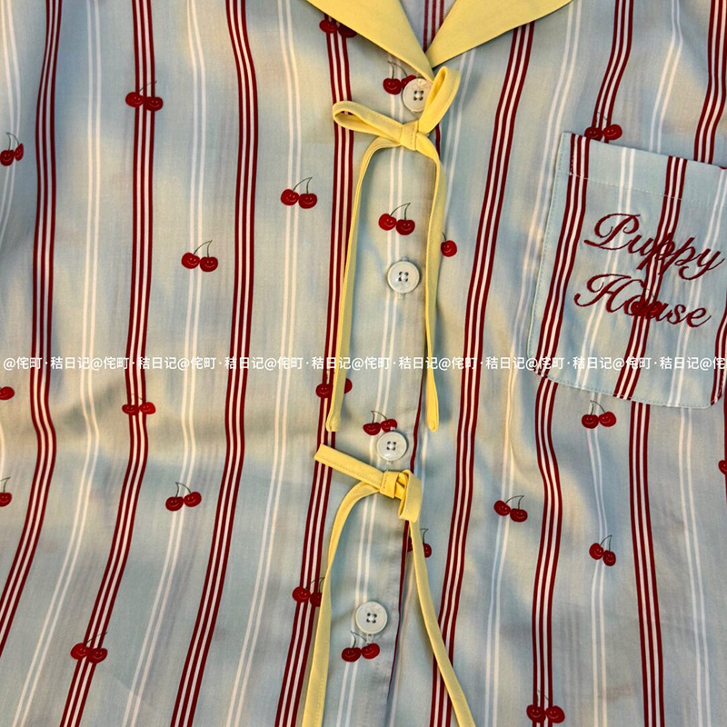 侘町2025年新款蓝黄樱桃字母短袖裤睡衣夏季卡通可外穿家居服套装 - 图0