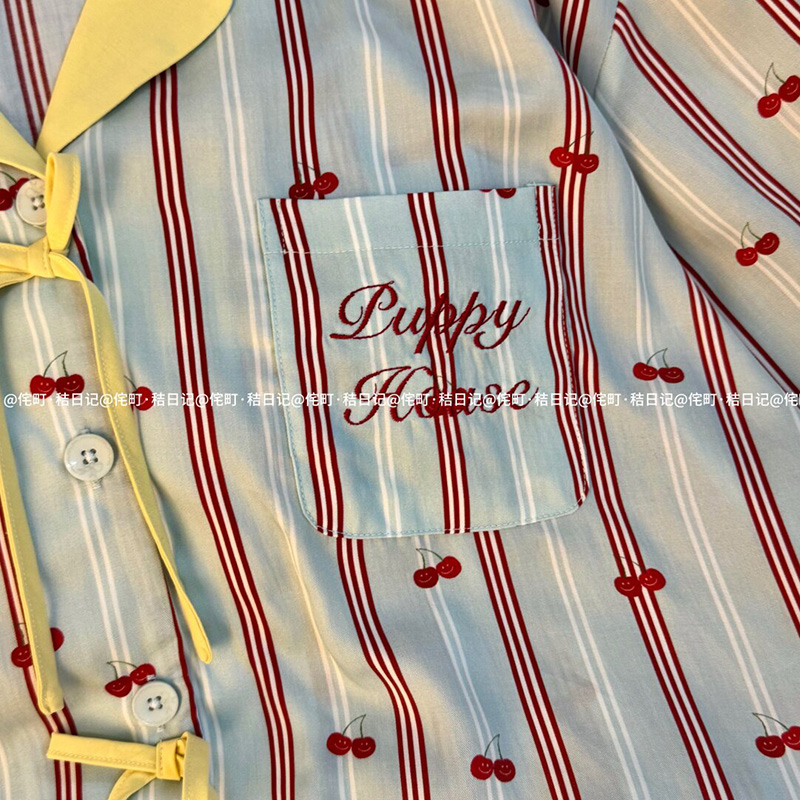 侘町2025年新款蓝黄樱桃字母短袖裤睡衣夏季卡通可外穿家居服套装 - 图2