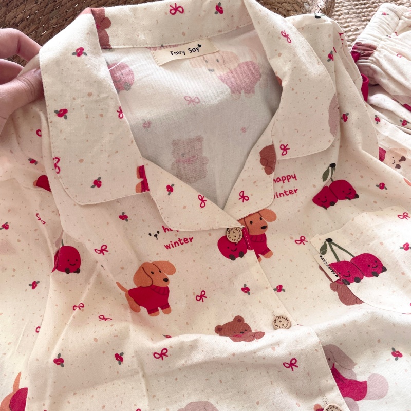 侘町樱桃小狗睡衣女款2025新款春秋纯棉开衫翻领套装可外穿家居服 - 图0