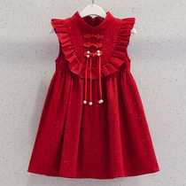 Girl Glint Dress Winter Children Red Vest Dress Foreign Air Girl China Wind Baito Princess Dresses