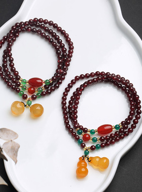天然三圈石榴石手链 双葫芦玉髓手串手饰diy复古简约风首饰品批发