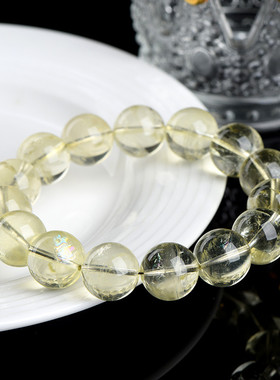 久雅水晶 天然柠檬黄彩虹阿赛圆珠手链 冰透浅黄水晶手串  批发