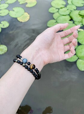 日月同辉天然金曜石虎眼石情侣手工串珠手链女男小众高级水晶手串